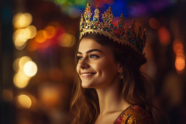 A woman wearing a crown stands in front of a night scene.