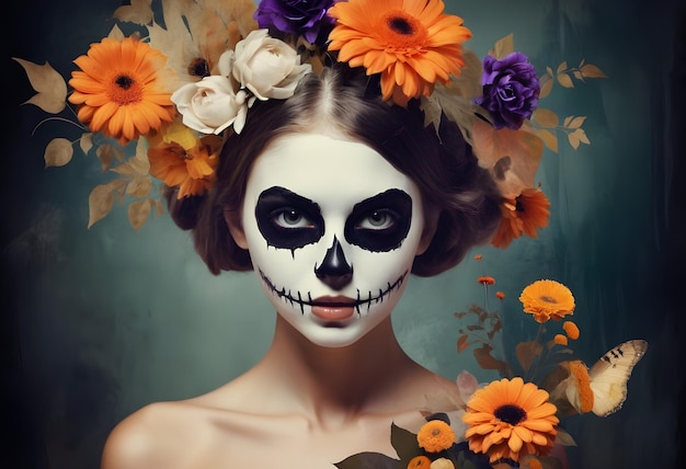 Woman Wearing Day Of The Dead Makeup With Flowers