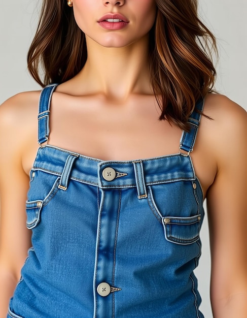 a woman wearing a denim dress with a button on the front