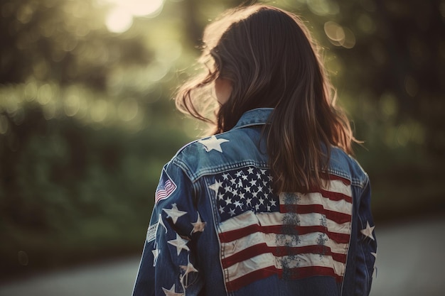 A woman wearing a denim jacket with the american flag on the back