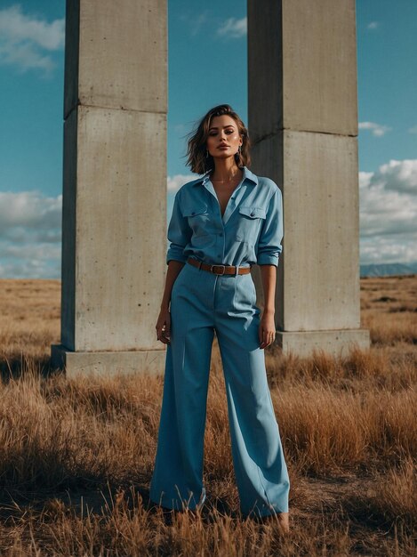 Photo woman wearing denim jumpsuit standing between concrete pillars in field