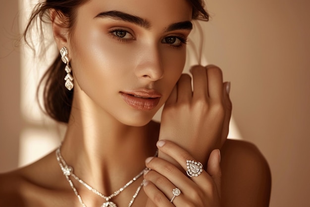 Photo woman wearing diamond necklace and ring