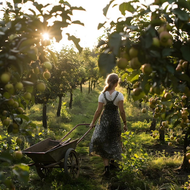 Photo a woman wearing a dress is pushing a wheelbarrow in an orchard on a bright and sunny day isolated