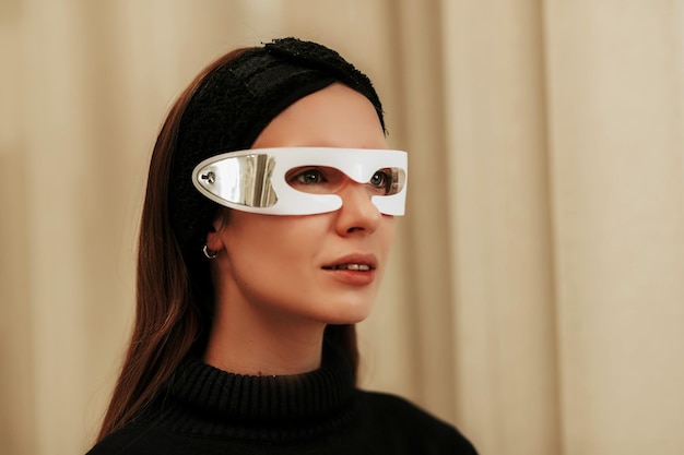 Woman wearing face beauty led glasses high quality photo