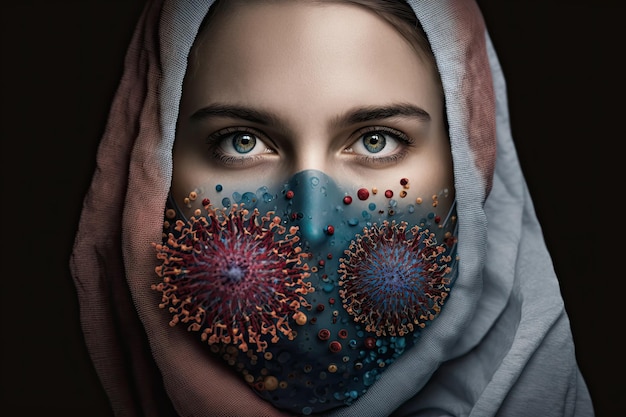 A woman wearing a face mask with coronavirus on it