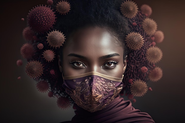 A woman wearing a face mask with a flower pattern on it.