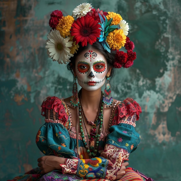 Photo woman wearing a face mask with flowers on her head and the words death on the front