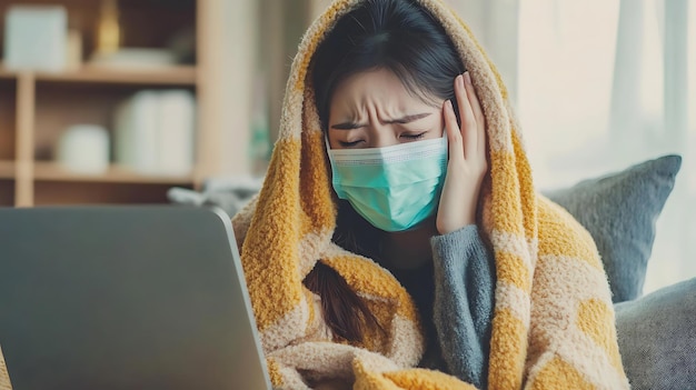 A woman wearing a face mask and wrapped in a blanket sits in front of a laptop looking unwell and holding her head