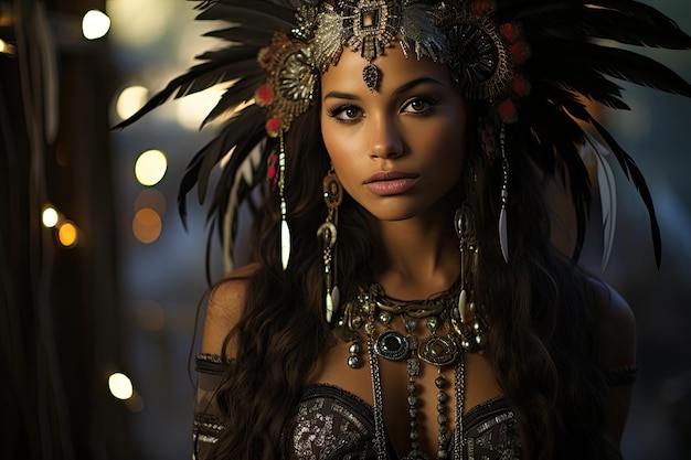 A woman wearing a feather headdress