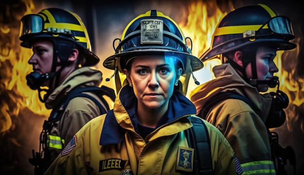 A woman wearing a firefighter uniform stands in front of a fire with the words'elel'on the front.