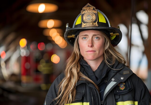 Photo a woman wearing a firefighter uniform with the word fire on the front