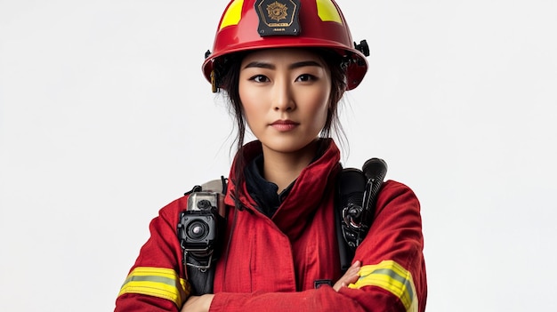 Photo a woman wearing a firefighter uniform with the word fire on the front