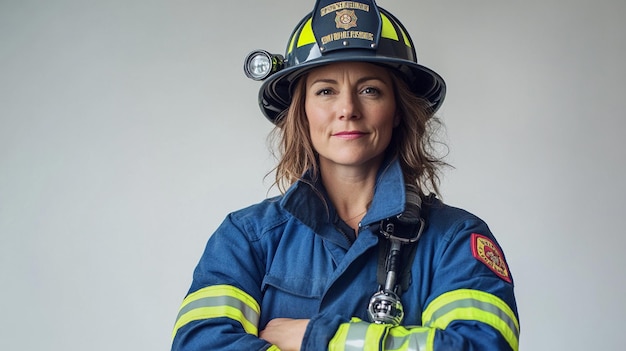 Photo a woman wearing a firefighter uniform with the word fire on the front