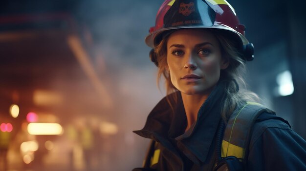 Woman Wearing Firemans Helmet in the Dark Women Day