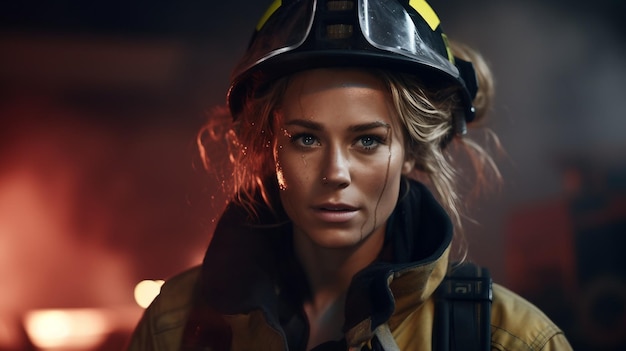 Woman Wearing Firemans Helmet in the Dark Women Day