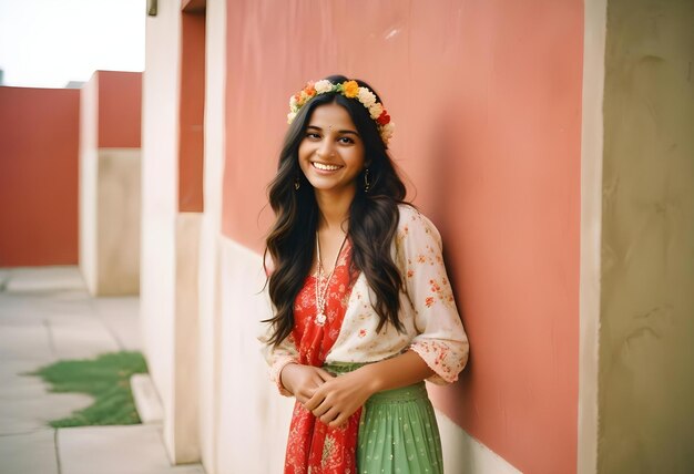 a woman wearing a floral headband is smiling