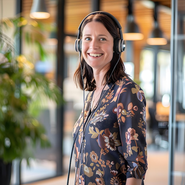 Photo a woman wearing a floral shirt is smiling while wearing headphones