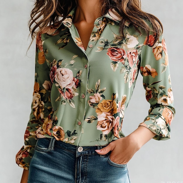 a woman wearing a floral shirt stands in front of a white wall