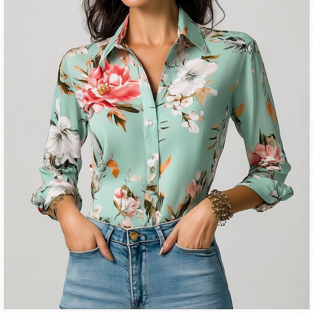 Photo a woman wearing a floral shirt that says quot she is posing for a photo quot