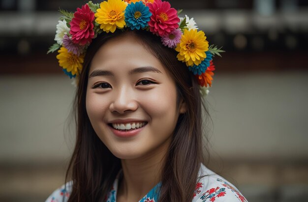 a woman wearing a flower crown is smiling