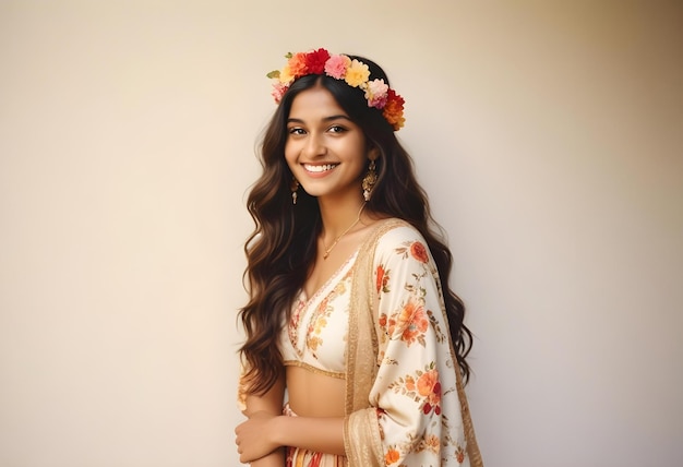 a woman wearing a flower crown is wearing a blue and white dress