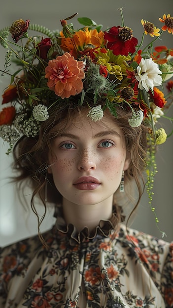 a woman wearing a flower crown is wearing a hat with flowers