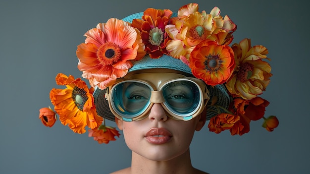 Photo woman wearing flower hat and goggles