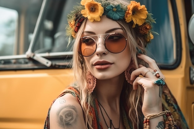 A woman wearing a flowered headband and sunglasses sits in front of a yellow vehicle.