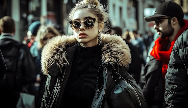 a woman wearing a fur coat and sunglasses is wearing a fur trimmed fur coat