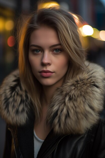 Photo a woman wearing a fur coat with a white tank top and a fur collar