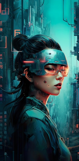 A woman wearing a futuristic mask in a city AI generative image Asian woman portrait