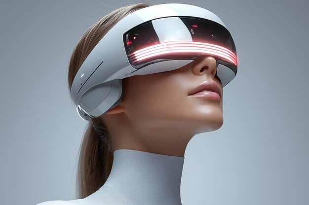 Photo woman wearing futuristic virtual reality headset