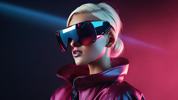 A woman wearing futuristic VR fashion against a virtual background