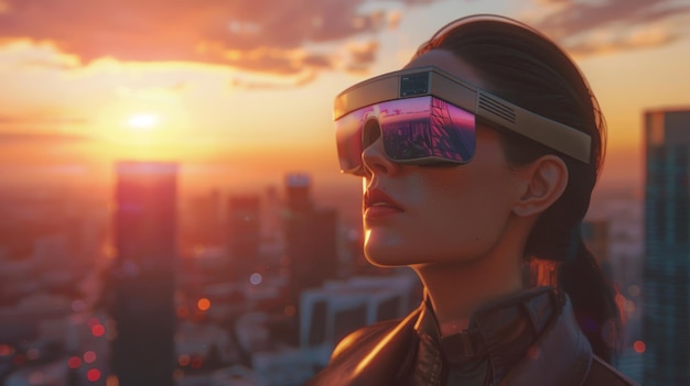 A woman wearing futuristic VR goggles gazes towards a vibrant sunset skyline reflecting the citys highrise buildings on the lenses