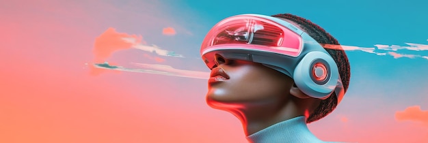 Photo a woman wearing a futuristic vr headset her gaze directed upward as if exploring a virtual wor