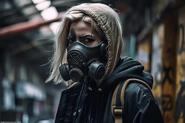 A woman wearing a gas mask and a black jacket stands in a city street.