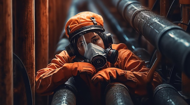 A woman wearing a gas mask sits in a factory