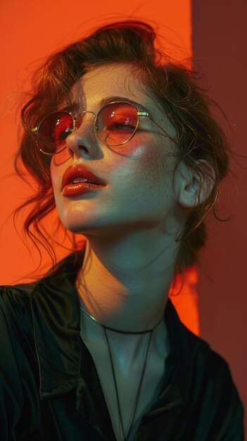 a woman wearing glasses and a black shirt with a red background