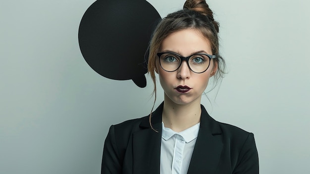 a woman wearing glasses and a black tie with a circle on the front