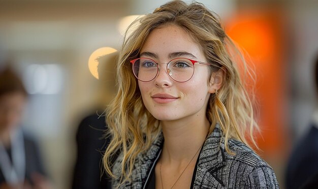 Photo a woman wearing glasses and a blazer is posing for a photo