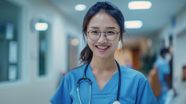 a woman wearing glasses and a blue uniform with a stethoscope around her neck