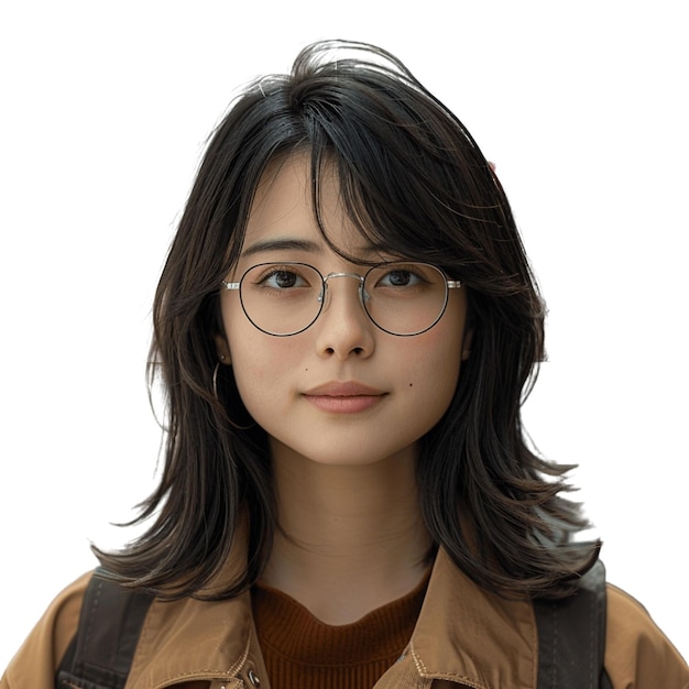 a woman wearing glasses and a brown jacket with a brown sweater on