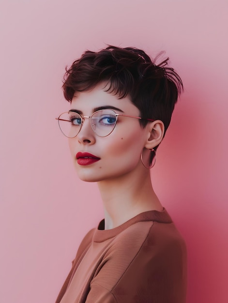 a woman wearing glasses and a brown shirt with a red lip