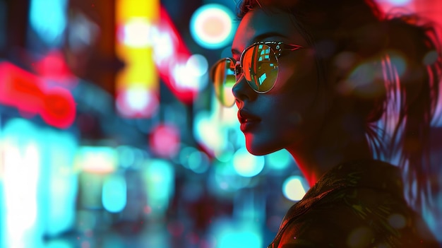 Woman wearing glasses on city lights background