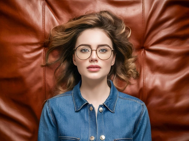 a woman wearing glasses and a denim shirt is sitting on a leather couch