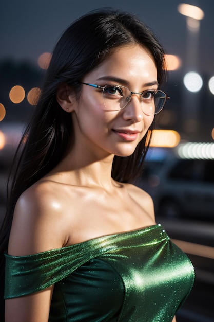 Photo a woman wearing glasses and a green dress with a silver frame