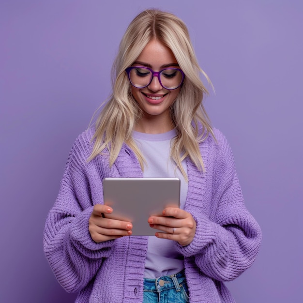 a woman wearing glasses holding a tablet in front of a purple wall