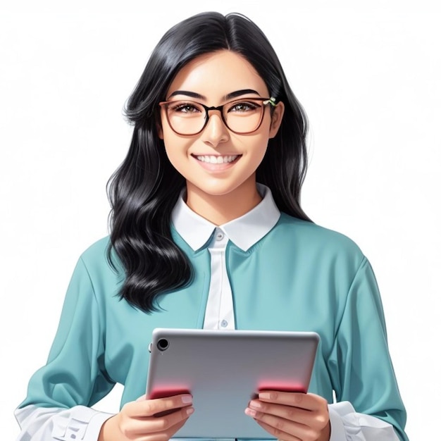 a woman wearing glasses and holding a tablet in front of a white background