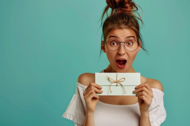 Photo a woman wearing glasses holds up a gift possibly a present or surprise