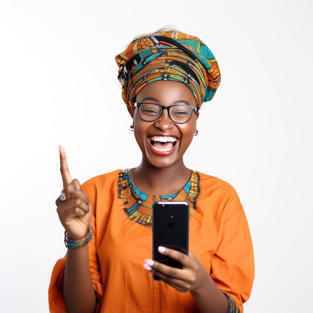 a woman wearing glasses is holding a phone and smiling.